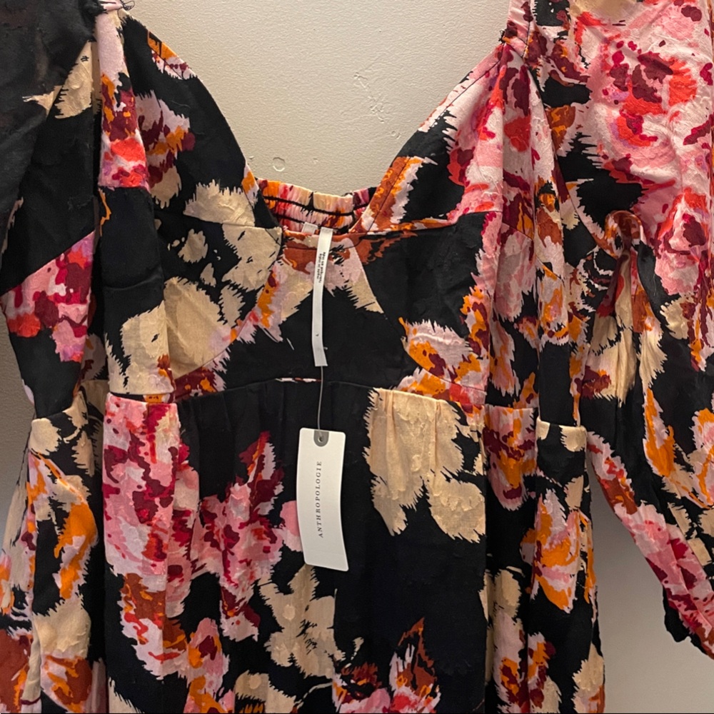 Anthropologie Vibrant Floral Midi Dress - Black, Pink, Orange